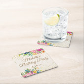 Roze Geel Blauw Bloemen Goud Glitter Naam Datum Kartonnen Onderzetters (Insitu)