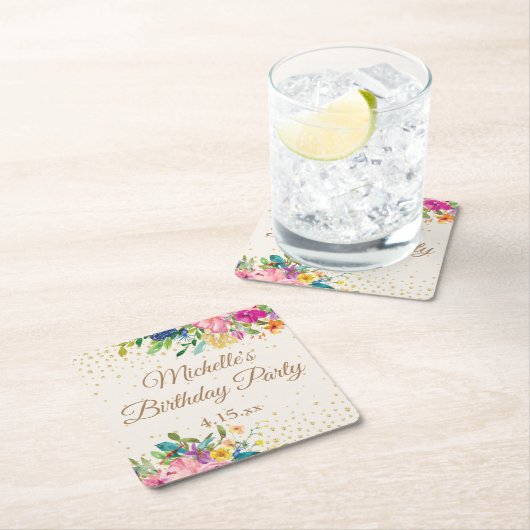 Roze Geel Blauw Bloemen Goud Glitter Naam Datum Kartonnen Onderzetters (Insitu)