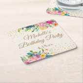 Roze Geel Blauw Bloemen Goud Glitter Naam Datum Kartonnen Onderzetters (Schuin)