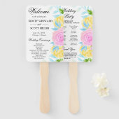 Roze Geel Blauw Bloemen Trouwprogramma Handwaaier (Voorkant en achterkant)