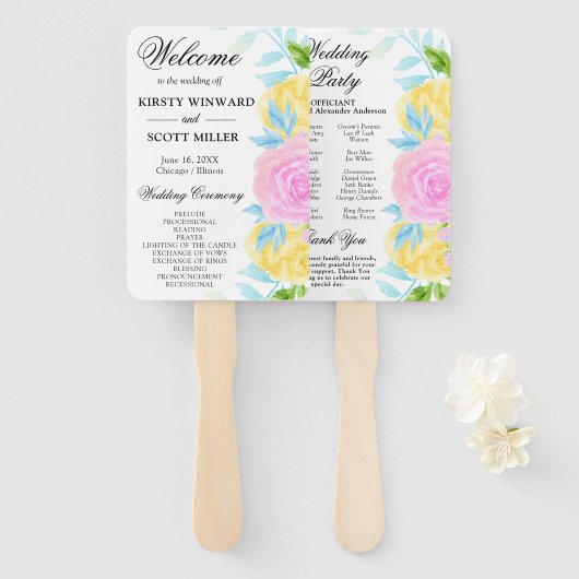 Roze Geel Blauw Bloemen Trouwprogramma Handwaaier (Voorkant en achterkant)