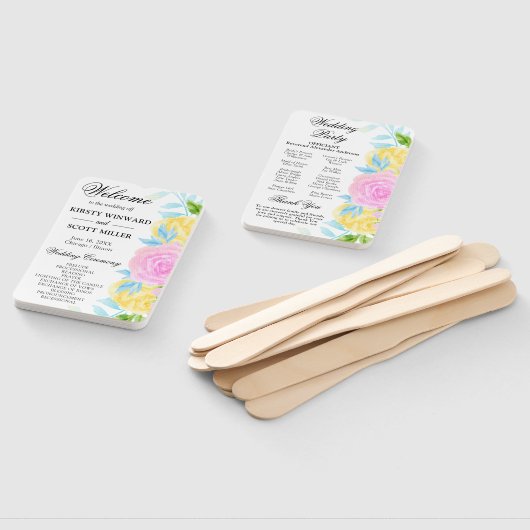 Roze Geel Blauw Bloemen Trouwprogramma Handwaaier (Niet-gemonteerd)