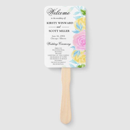 Roze Geel Blauw Bloemen Trouwprogramma Handwaaier (Voorkant)