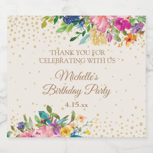 Roze Geel Blauw Bloemen Verjaardag Naam Datum Bier Etiket (Enkel label)