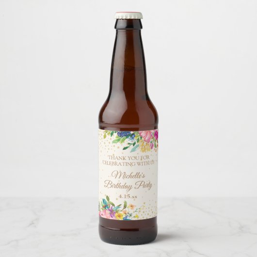 Roze Geel Blauw Bloemen Verjaardag Naam Datum Bier Etiket (Voorkant)