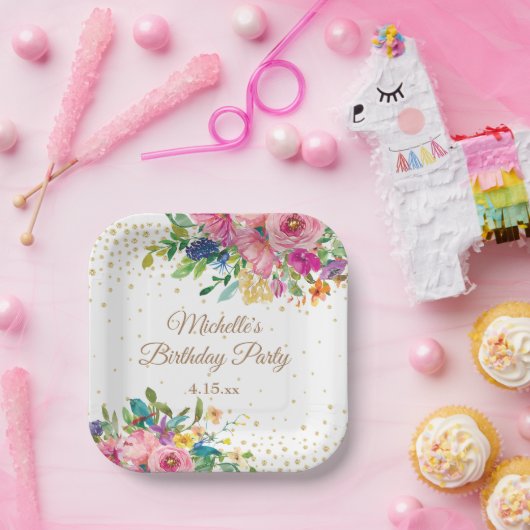 Roze Geel Blauw Bloemen Verjaardag Papieren Bordje (Feest)