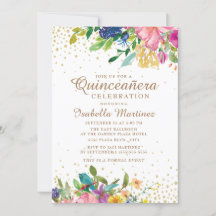 Roze Geel Blauw Bloemig Gouden Glitter Quinceañera