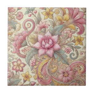 Roze Geel Blauw Boho Bloemen Indonesische Batik Tegeltje