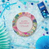 Roze geel blauw Floral Rustisch hout Birthday Papieren Bordje (Feest)