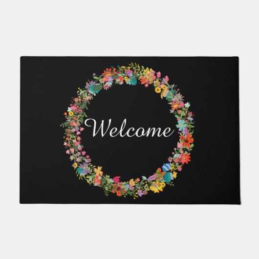 Roze Geel Blauw Groen Bloemenkrans Welkom Mat (Voorkant)