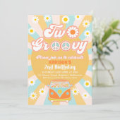 Roze Geel Blauw Twee Groovy Retro 2e verjaardag Kaart (Staand voorkant)