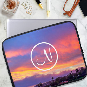 Roze geel blauw zonsondergang foto aangepast monog laptop sleeve