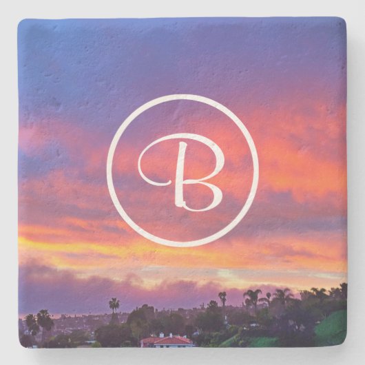 Roze geel blauw zonsondergang foto aangepaste mono stenen onderzetter (Voorkant)