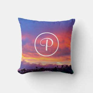 Roze geel blauw zonsondergang fotografie monogram  kussen