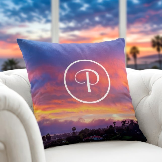 Roze geel blauw zonsondergang fotografie monogram  kussen (Creator heeft geüpload)