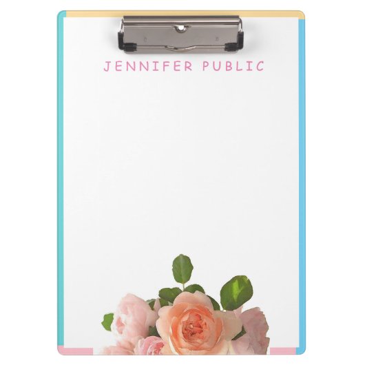 Roze Geel Blauwe Waterverf Rozen Sjabloon Klembord (Voorkant)