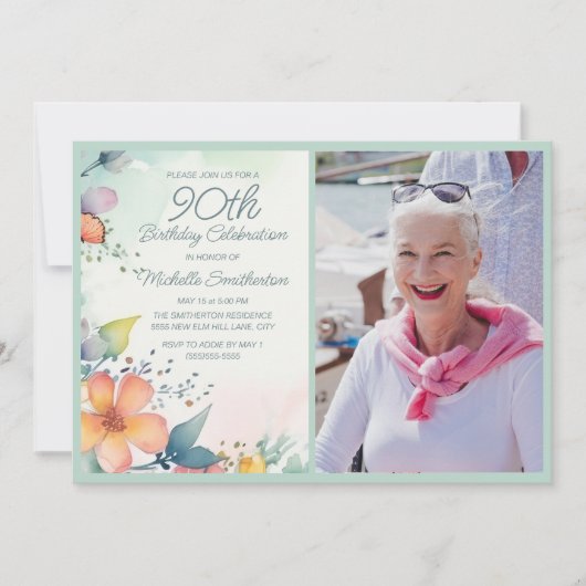 Roze Geel Blauwgroen Pastel Bloemen 90ste Verjaard Kaart (Voorkant)