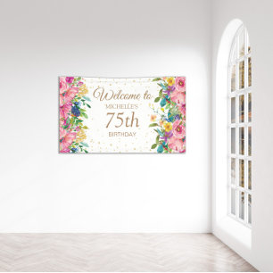 Roze Geel Bloem Glitter 75ste Verjaardag Welkom Spandoek