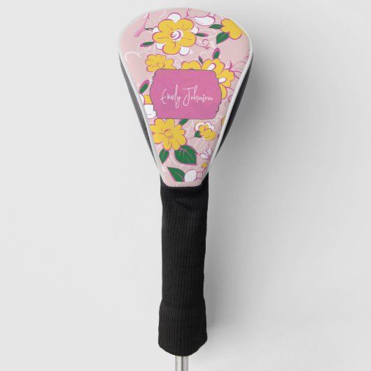 Roze Geel Bloem Motief Aangepaste Naam Golfheadcover (Voorkant)