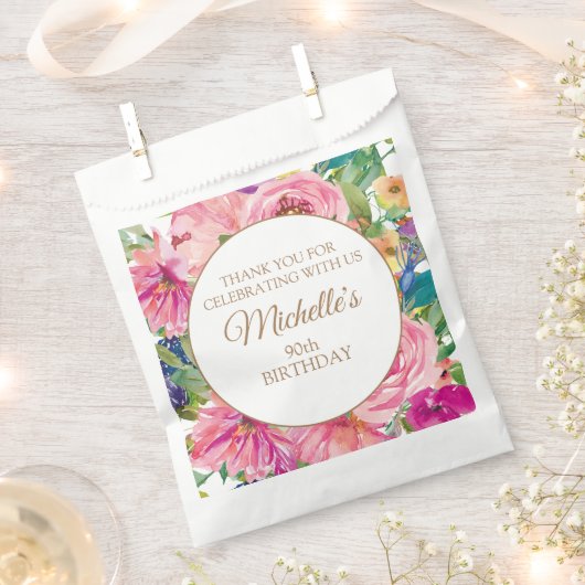 Roze Geel Bloemen 90ste Verjaardag Bedankzakje (Geknipt)