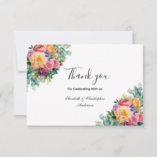 Roze Geel Bloemen Eucalyptus Bruiloft Bedankkaart (Voorkant)