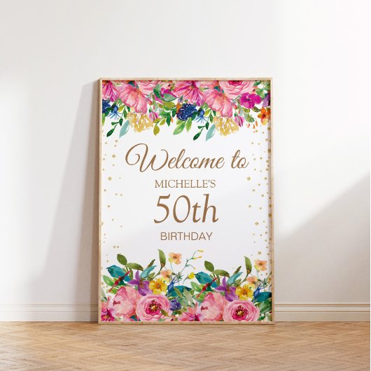 Roze Geel Bloemen Glitter 50ste Verjaardag Welkom Poster