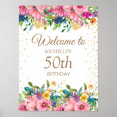 Roze Geel Bloemen Glitter 50ste Verjaardag Welkom Poster (Voorkant)