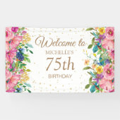 Roze Geel Bloemen Glitter 75e Verjaardag Welkom Spandoek (Horizontaal)
