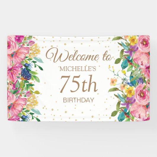 Roze Geel Bloemen Glitter 75e Verjaardag Welkom Spandoek (Horizontaal)