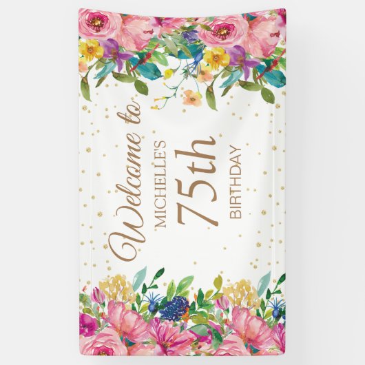 Roze Geel Bloemen Glitter 75e Verjaardag Welkom Spandoek (Verticaal)