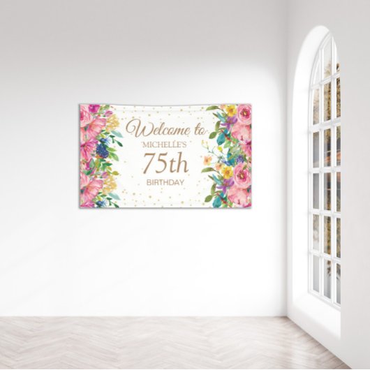 Roze Geel Bloemen Glitter 75e Verjaardag Welkom Spandoek