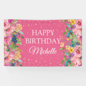 Roze Geel Bloemen Glitter Gelukkige Verjaardag Spandoek (Horizontaal)