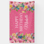 Roze Geel Bloemen Glitter Gelukkige Verjaardag Spandoek (Verticaal)