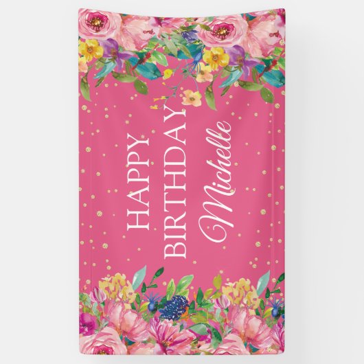 Roze Geel Bloemen Glitter Gelukkige Verjaardag Spandoek (Verticaal)