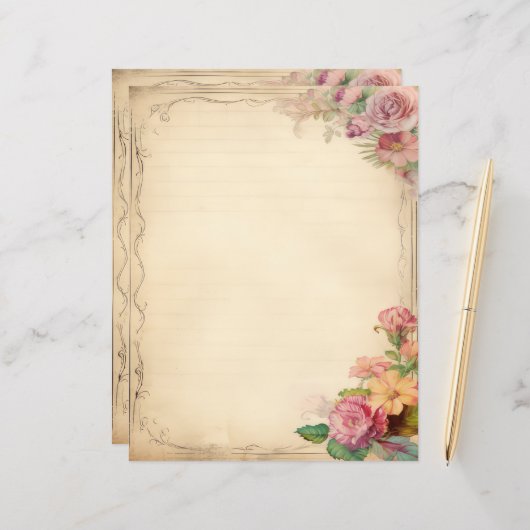 Roze Geel Bloemen Junk Journal Antiek Stationery (Voorkant / Achterkant in situ)