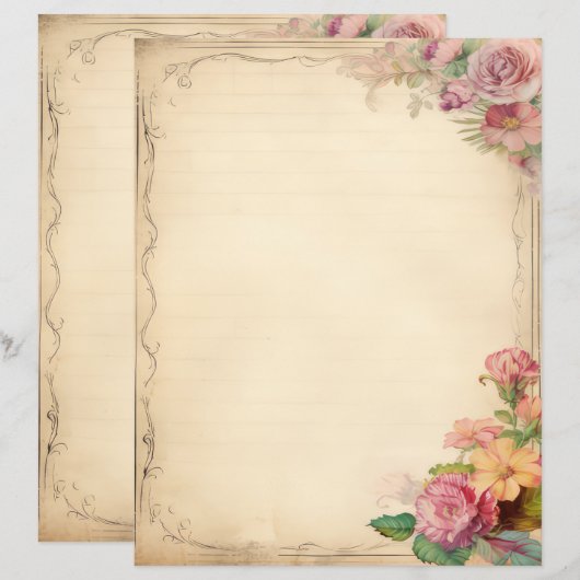 Roze Geel Bloemen Junk Journal Antiek Stationery (Voorkant / Achterkant)