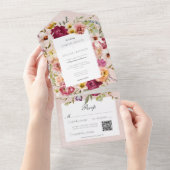  Roze Geel Bloemen Roze Huwelijk QR All In One Uitnodiging (Afscheurbaar)