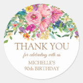Roze Geel Bloemen Verjaardag Dank u Ronde Sticker (Voorkant)