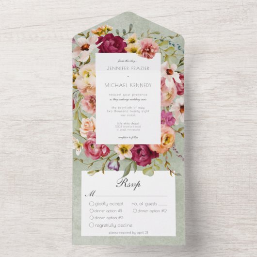 Roze Geel Bloemen Wijze Trouwdiner All In One Uitnodiging (Binnen)