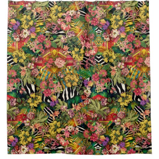 Roze Geel Bloemen Zebra Indische Print Patroon Douchegordijn (Voorkant)