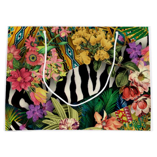 Roze Geel Bloemen Zebra Indische Print Patroon Groot Cadeauzakje (Voorkant)