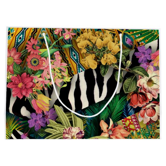 Roze Geel Bloemen Zebra Indische Print Patroon Groot Cadeauzakje (Achterkant)