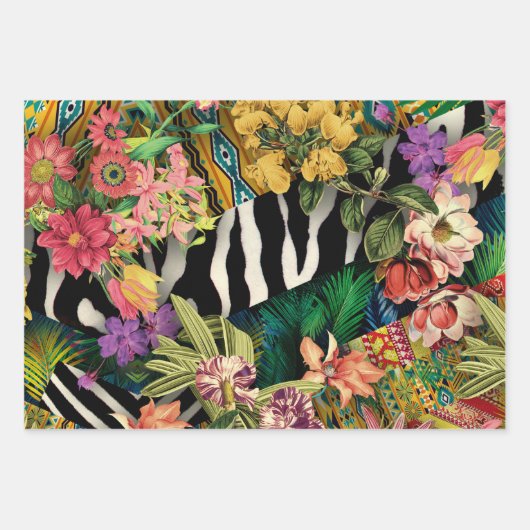 Roze Geel Bloemen Zebra Indische Print Patroon Inpakpapier Vel (Voorkant 3)