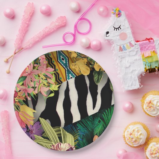 Roze Geel Bloemen Zebra Indische Print Patroon Papieren Bordje (Feest)