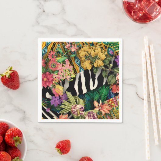Roze Geel Bloemen Zebra Indische Print Patroon Servet (Insitu)