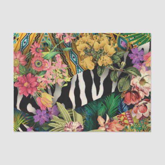 Roze Geel Bloemen Zebra Indische Print Patroon Tissuepapier (Voorkant)