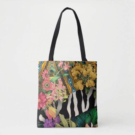 Roze Geel Bloemen Zebra Indische Print Patroon Tote Bag (Voorkant)