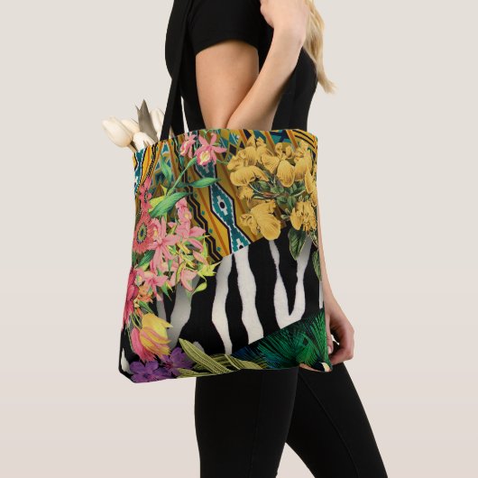Roze Geel Bloemen Zebra Indische Print Patroon Tote Bag (Dichtbij)