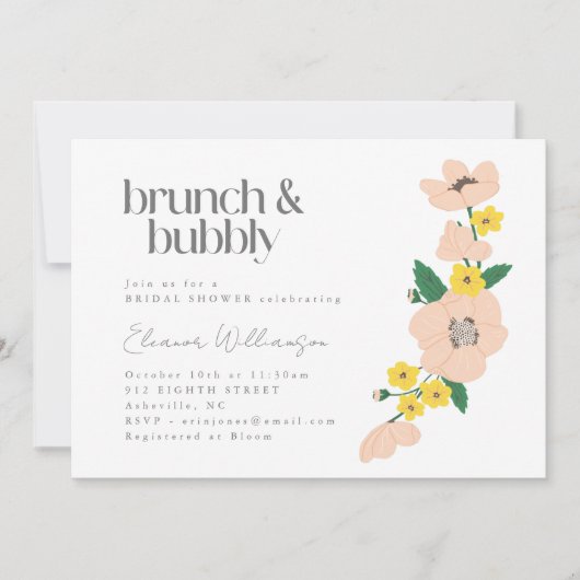  roze geel bloemenbrunch bubbeldouche kaart (Voorkant)