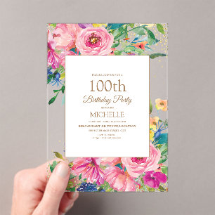 Roze Geel Bloemig Goud Glitter 100ste Verjaardag Acryl Uitnodigingen